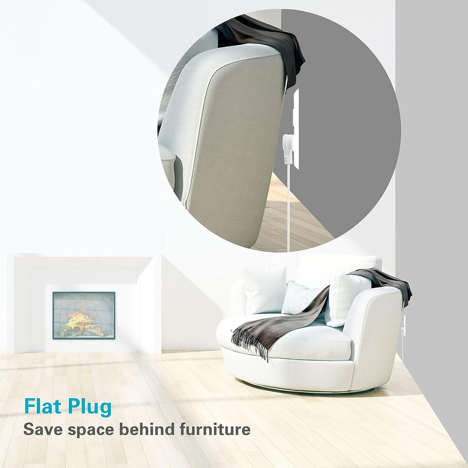 8 Foot Flat Plug Extension Cord, 3 Prong Grounded Wire, Angled Plug, White, UL Listed 2PK - - 