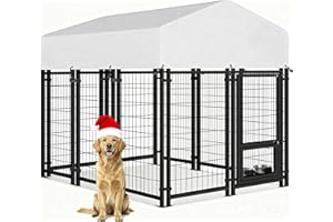 Oranland 6x4x5FT Dog Kennel Outdoor for Medium/Small Dogs, Welded Wire Outside Dog Pen, Anti-Rust Dog Run with Secure Lock/UV-Resistant Waterproof Roof/Swivel Stainless Steel Feeding Bowls