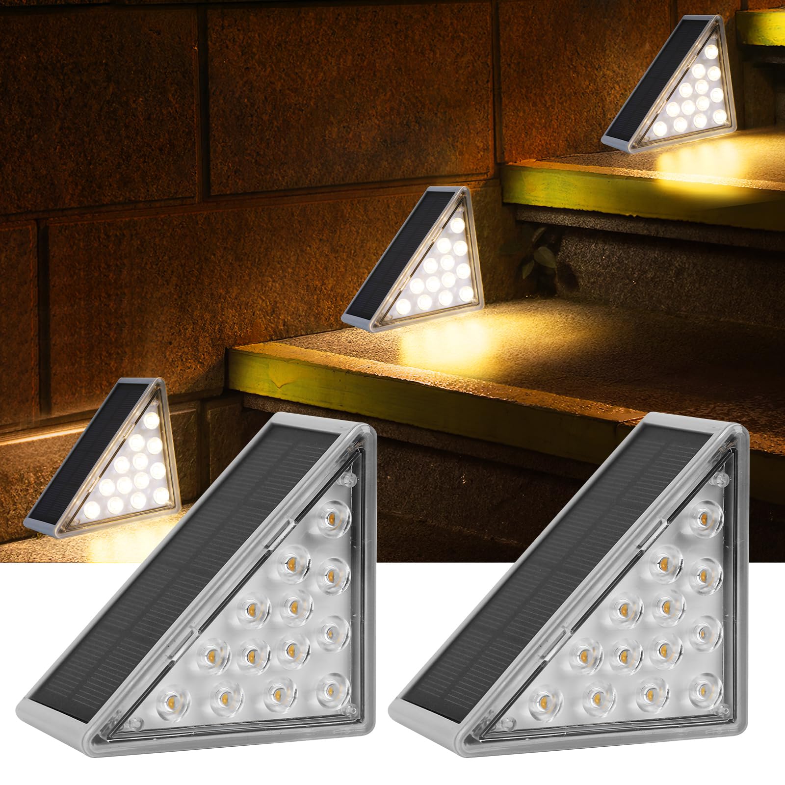 Ulsam 2pcs Solar Step Lights, 13 LEDs, IP68 Waterproof, Auto On/Off, Modern Style, Outdoor Patio Balcony Wall Garden, Warm White 3000K, 80 Lumen, 10x10x7cm