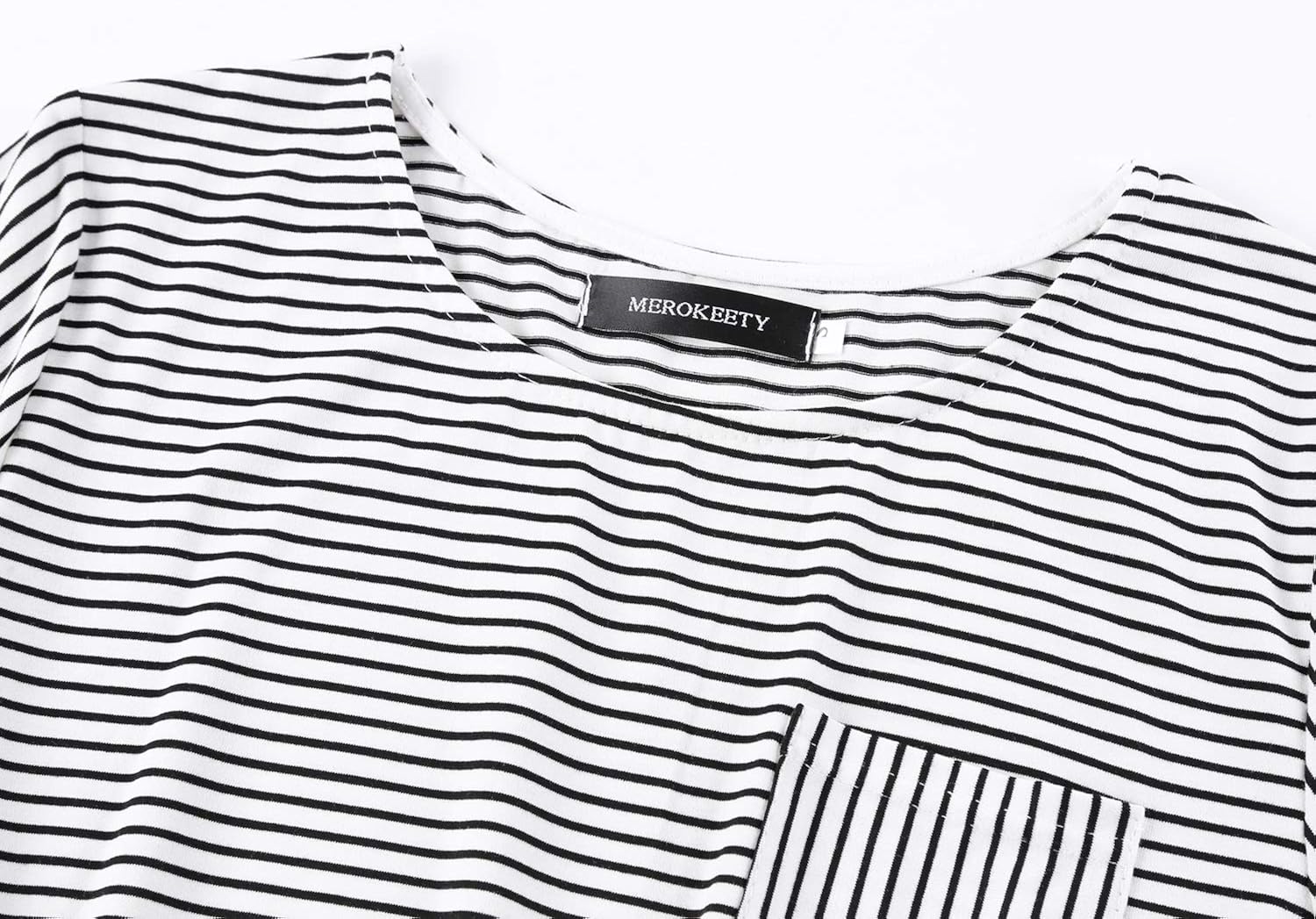 MEROKEETY Women's 3/4 Balloon Sleeve Striped High Waist T Shirt Midi Dress with Pockets at  Women’s Clothing store