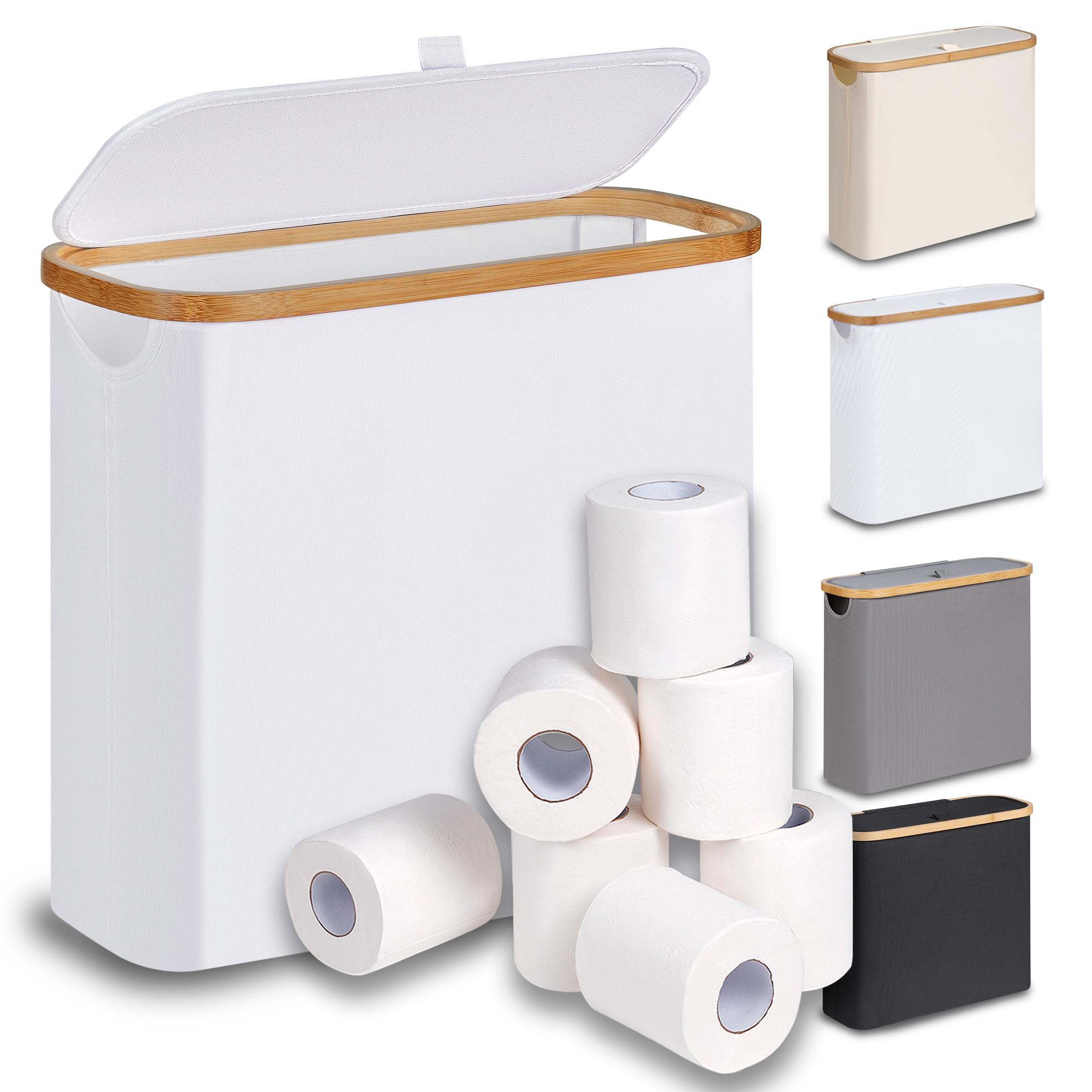 Photo 1 of efluky Toilet Paper Basket 28L, Toilet Paper Holder with Lid for Bathroom, Free Standing Storage Organizer Holds Up to 9-12 Rolls (White, 1)
