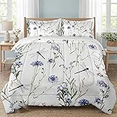WeCozy Queen Size Comforter Set with 2 Pillowcases, Wildflower Botanical Herb Plant Leaf Floral Flower Painting Dragonfly Soft 3 Pcs Bedding for Kids and Adults Bedroom Bed Decor