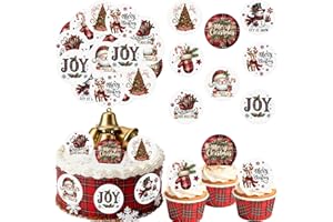 Fyeoxle 36PCS Edible Christmas Buffalo Plaid Cupcake Toppers Wafer Paper Joy Santa Hat Cupcake Toppers Red Plaid Cake Picks for Christmas Theme Party Baby Shower Birthday Supplies