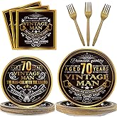 Wiooffen 96 Pcs Vintage 70th Party Tableware Set Back in 1956 70th Theme Birthday Party Table Decoration Supplies Cheers to 70 Years Paper Plate Napkin Fork 24 Guests for Men