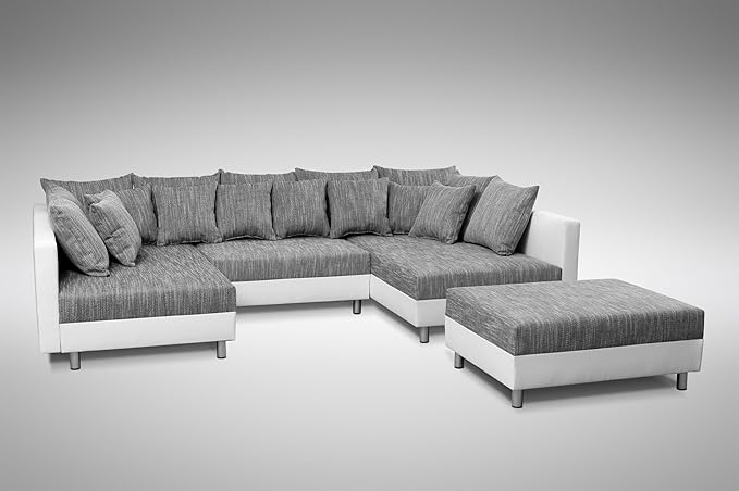 Küchen-Preisbombe Sofa Couch Ecksofa Eckcouch in weiss/hellgrau Eckcouch mit Hocker - Minsk XXL