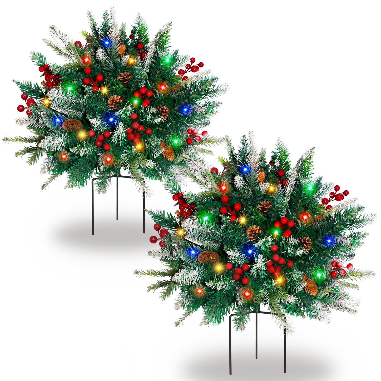 Photo 1 of 2 Pack Lighted Artificial Christmas Urn Filler, Battery Operated Pre-lit Xmas Pine Trees, Tripod Stake and 60 LED Lights, Holiday Porch Decorations for Porch, Yard, Garden, Flower Beds?Multicolor?