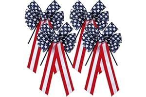 Yunlly 4 Pcs Large Patriotic Star Bows 4th of July Decor Bow Blue White and Red Stripes and Stars Bows for Independence Day 4th of July Indoor Outdoor Patriotic Decorations