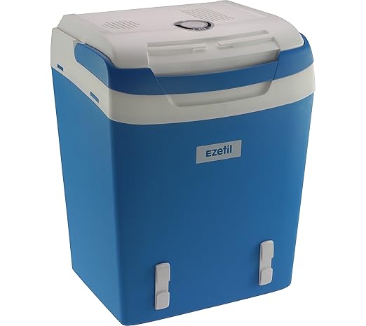 EZetil Kühlbox E32 M tragbare thermo-elektrische Kühlbox, 29 Liter, 12 V und 230 V für Auto/LKW/Boot/Steckdose, blau-weiß