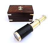 6" Nautical Handheld Pirate Brass Telescope with Anchor on Wooden Box, Sailor Home Decor Toy Gift