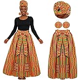 Women African Printed Maxi Skirt with Pockets Set Casual Stretch Head Wrap Scarf Drop Dangle Earrings