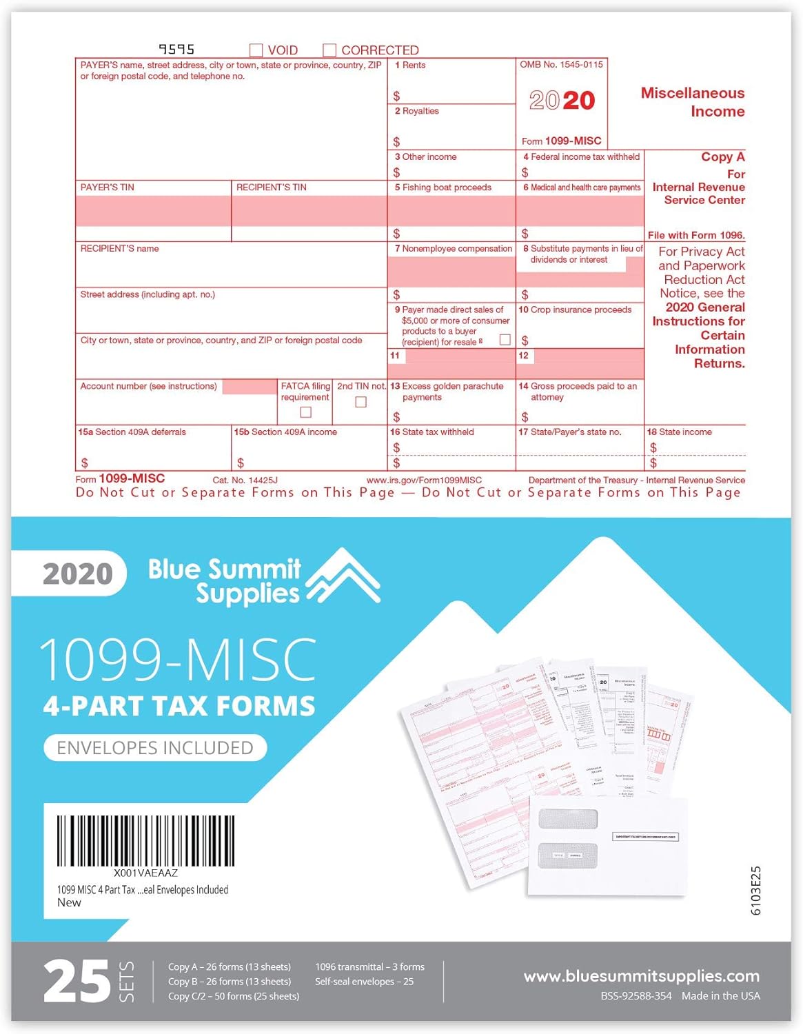 1099 MISC Forms 2020, 4 Part Tax Forms Kit, 25 Vendor Kit of Laser Forms, Compatible with QuickBooks and Accounting Software, 25 Self Seal Envelopes Included : Office Products