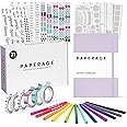 PAPERAGE Bullet Style Journal Kit, Dotted Journaling Set & Stationary Kit, Hardcover Dotted Journal Notebook (Lavender), 12 Fineliner Pens, 8 Sticker & 4 Stencil Sheets, 6 Washi Tapes & Creative Guide
