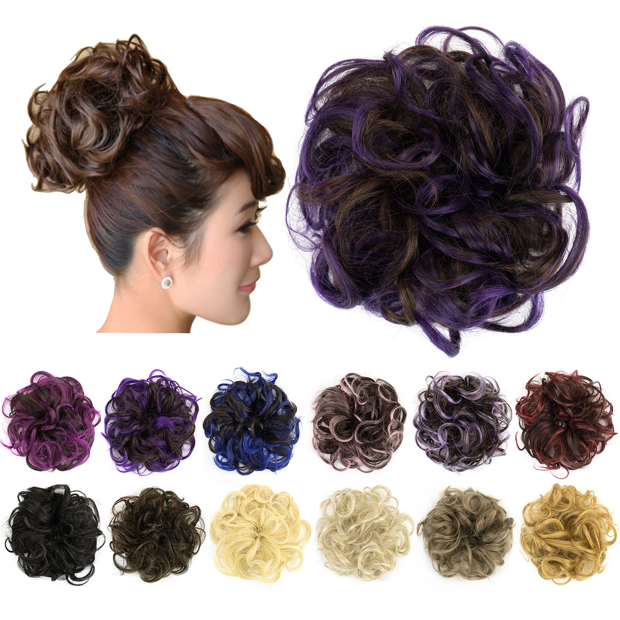 IMISSU 2PCS Messy Bun Hair Piece Updo Fake Scrunchies Ponytail Extension Wavy Curly Hairpieces Chignon Headband for Women Girls (2PCS Brown Purple)