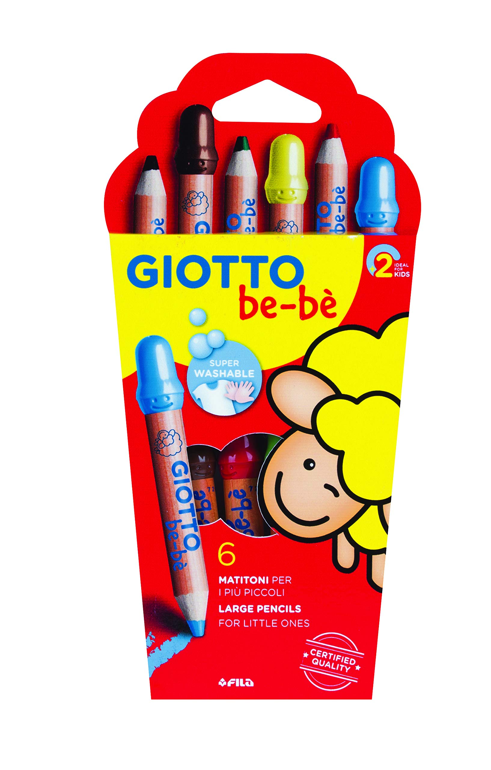 GIOTTO be-bè Super Large Pencil Set of 6 Assorted Colours, Super Washable, Suitable for Ages 2+