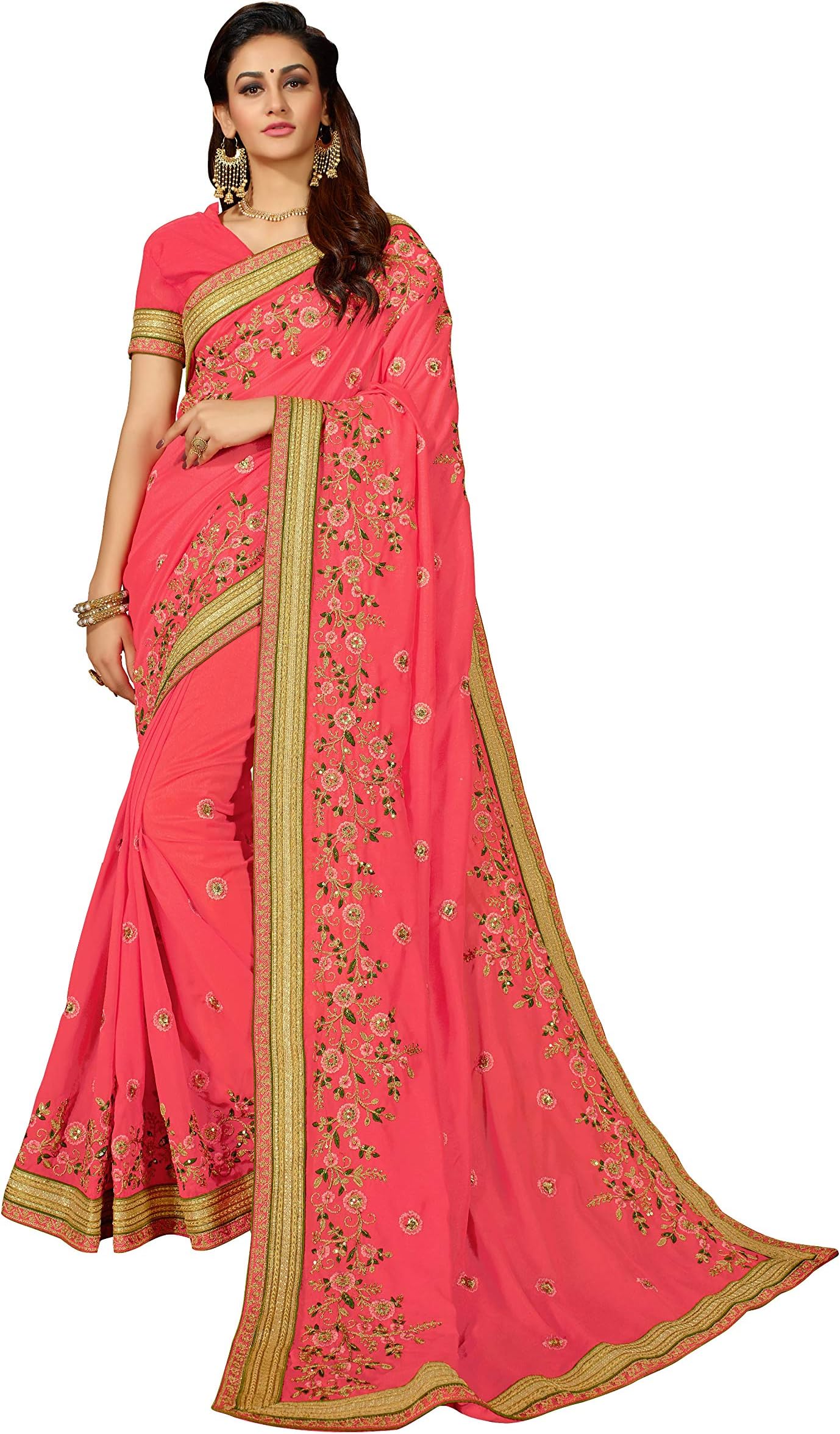 MANOHARI Women's Pink Silk Blends Embroidered Saree with Blouse