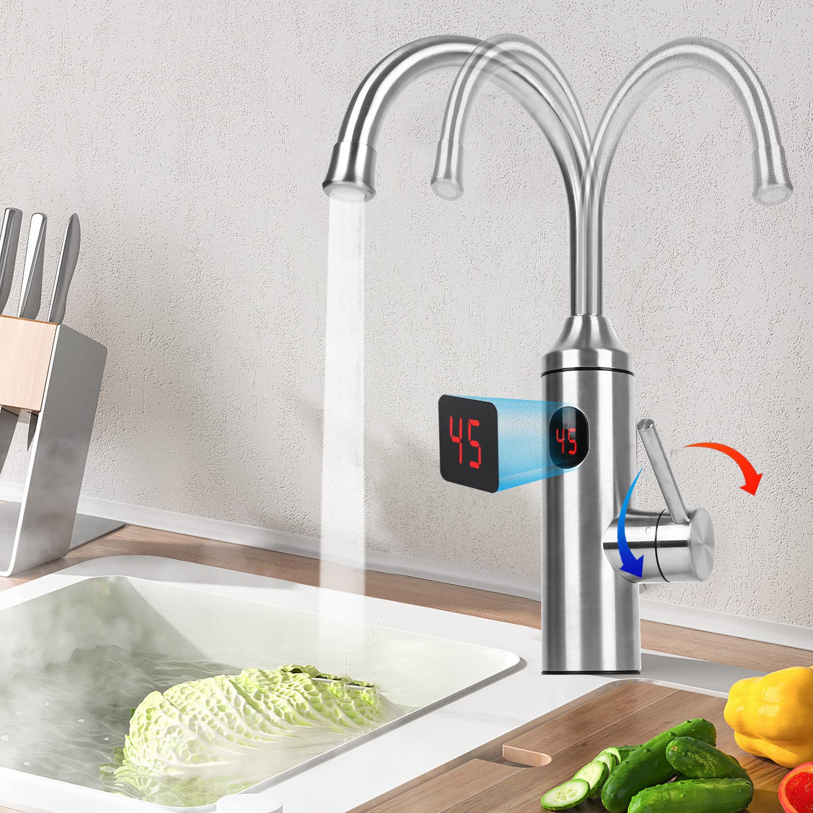 EUNEWR Instant Heating Faucet,3300W Tankless Quick Hot Tap with LED Digital Display,360º Swivel 304 Stainless Steel Heating Tube Electric Hot and Cold Water Heater Mixer Faucet with 1/2 Inch Hoses