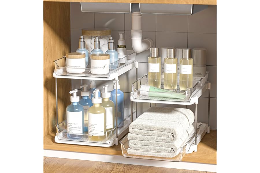 Delamu 2-Tier Multi-Purpose Bathroom Under Sink Organizers and Storage, Stackable Kitchen Pantry Organization, Pull Out Medicine Cabinet Organizer with Movable Dividers, White, 2 Pack
