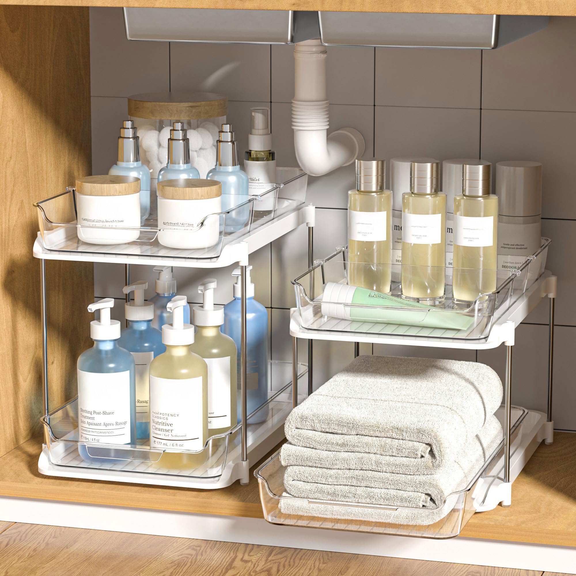Photo 1 of Delamu 2 Sets of 2-Tier Multi-Purpose Bathroom Under Sink Organizers and Storage, Stackable Kitchen Pantry Organization, Pull Out Medicine Cabinet Organizer with 8 Movable Dividers, White