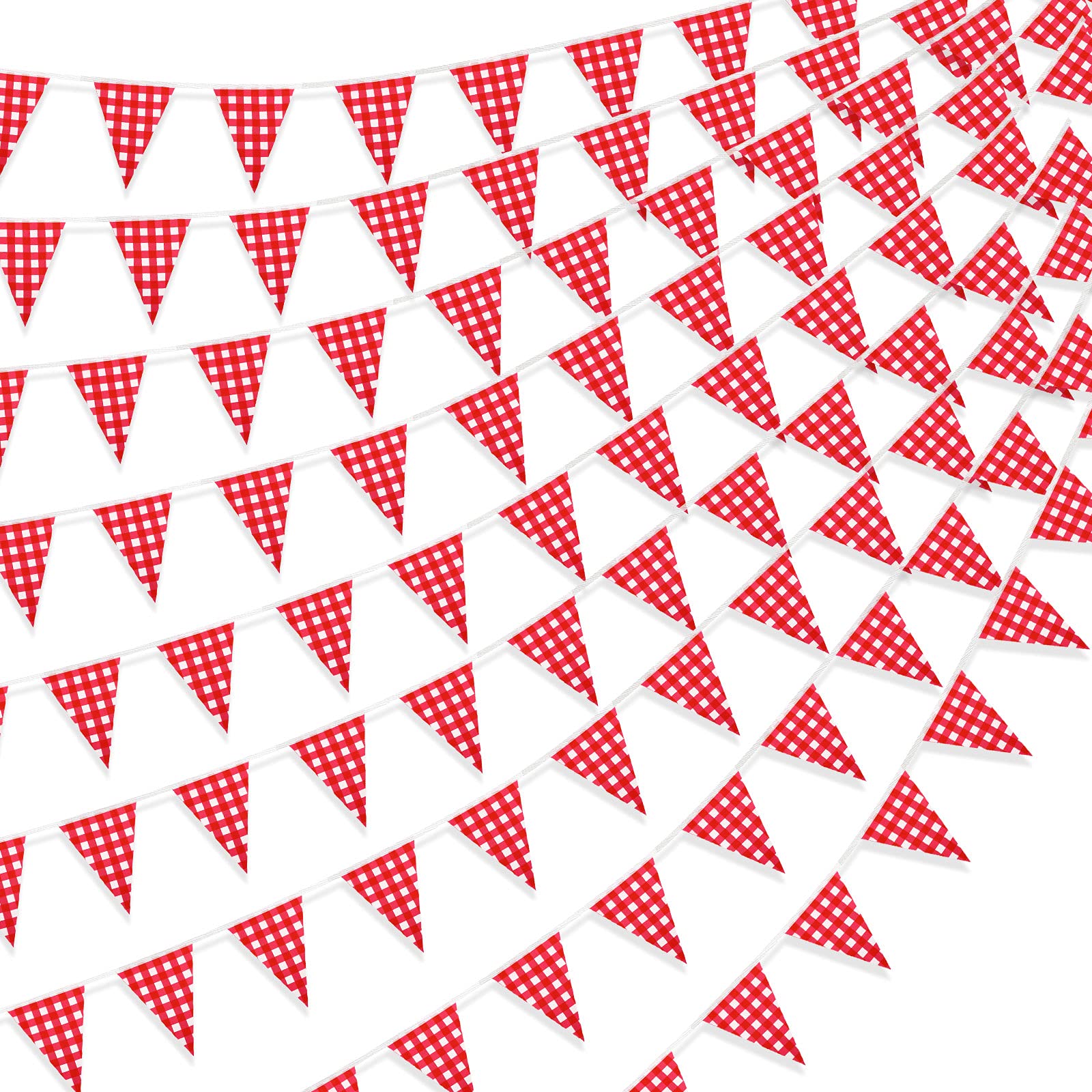 60 Pcs Red and White Checkered Banner 85.3 Feet Long Gingham Pennant Triangle Flags BBQ Picnic Party Carnival Party Decorations Supplies Farmers Market Decor