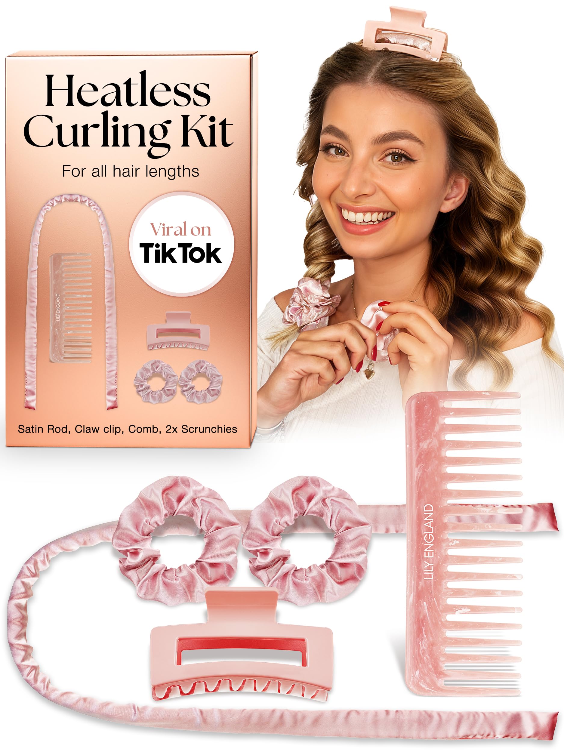 Lily England Heatless Curlers Gift Set, Hair Curler Headband, Curls for Long & Short Hair, No Heat Curlers for Overnight Curls - Attractive Present for Teens Girls & Women (Pink, 5 Pack)