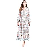 LAI MENG FIVE CATS Women's Casual Floral Print V-Neck Button up Slit Maxi Dress
