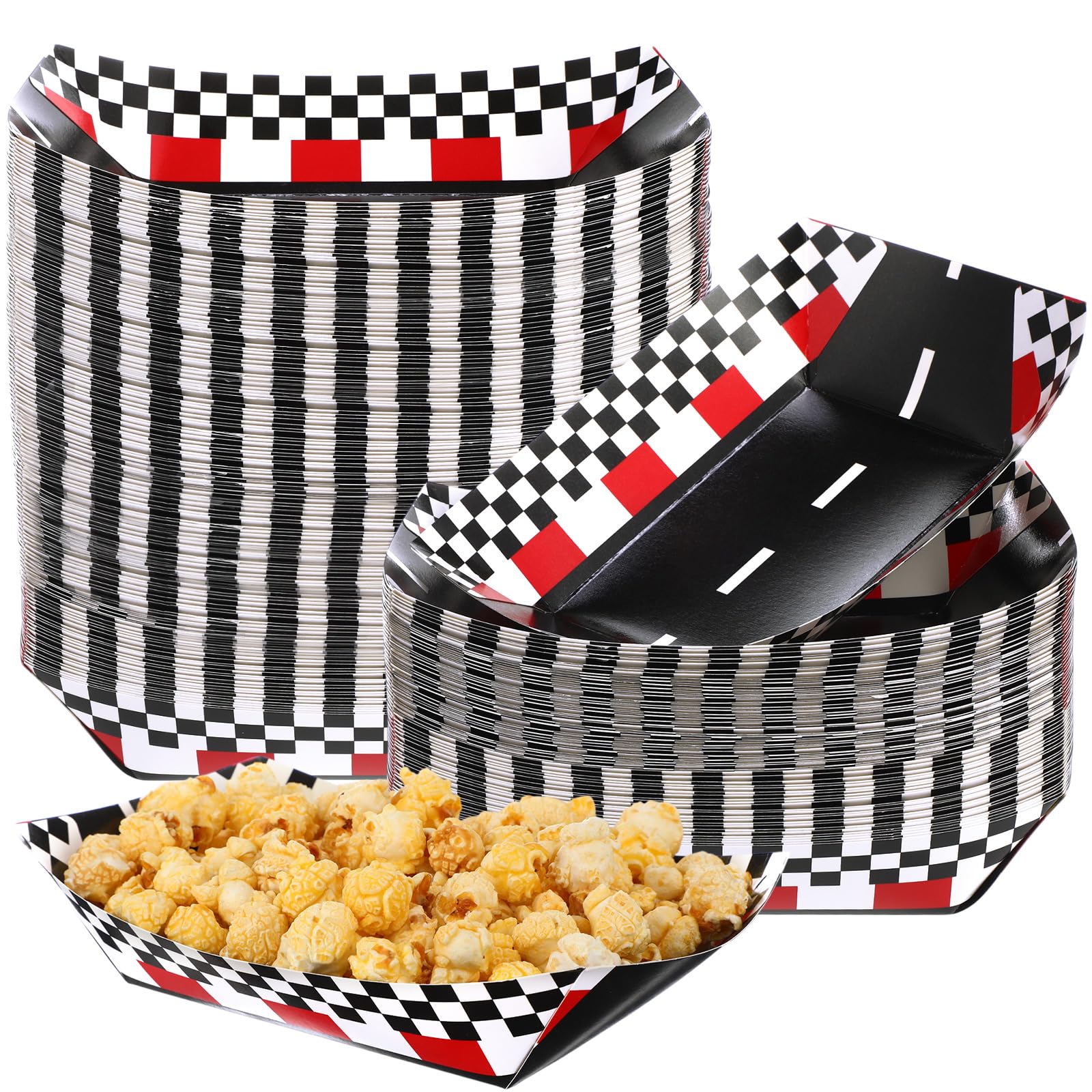 Photo 1 of Havawish 50 Pcs Racing Paper Food Trays Checkered Nacho Trays Disposable Racing Party Food Boat Black and White Plaid Serving Tray for Race Car Party Birthday Baby Shower Popcorn Snack (3lb)