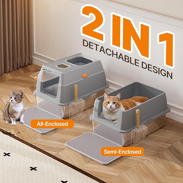 STAINLESS STEEL LITTER BOX WITH LID, 6” DEEP PAN, EXTRA LARGE LITTER BOX FOR BIG CATS, ANTI-LEAKAGE, ODOR FREE, FRONT & TOP DUAL ENTRY, INCLUDES LITTER MAT & METAL SCOOP