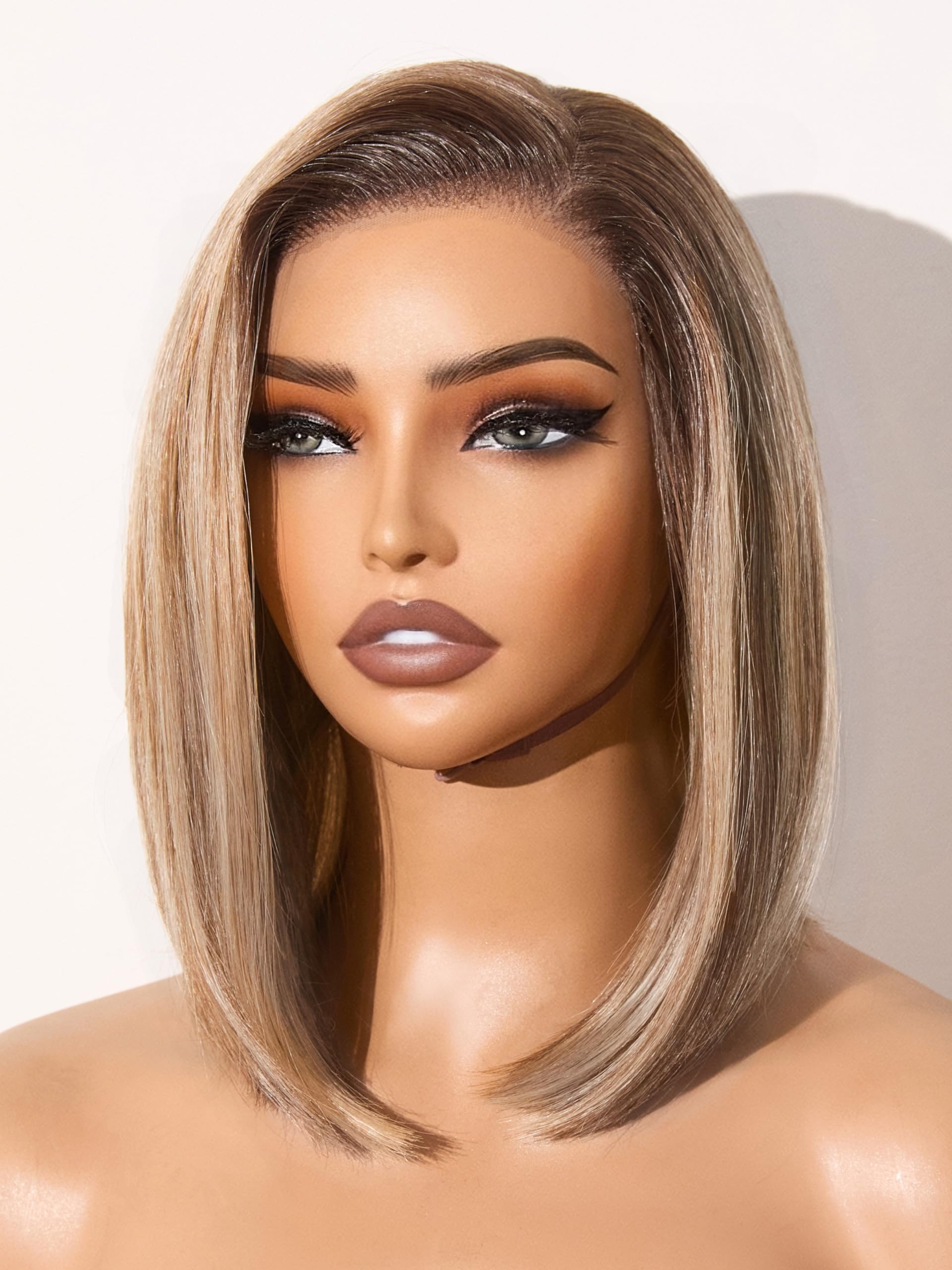 Photo 1 of GORGIUS Blonde Bob Wig with Highlights Glueless Straight Short Synthetic Lace Front Wigs For Women Pre Cut Pre Plucked Side Part Hairline 12 Inch
