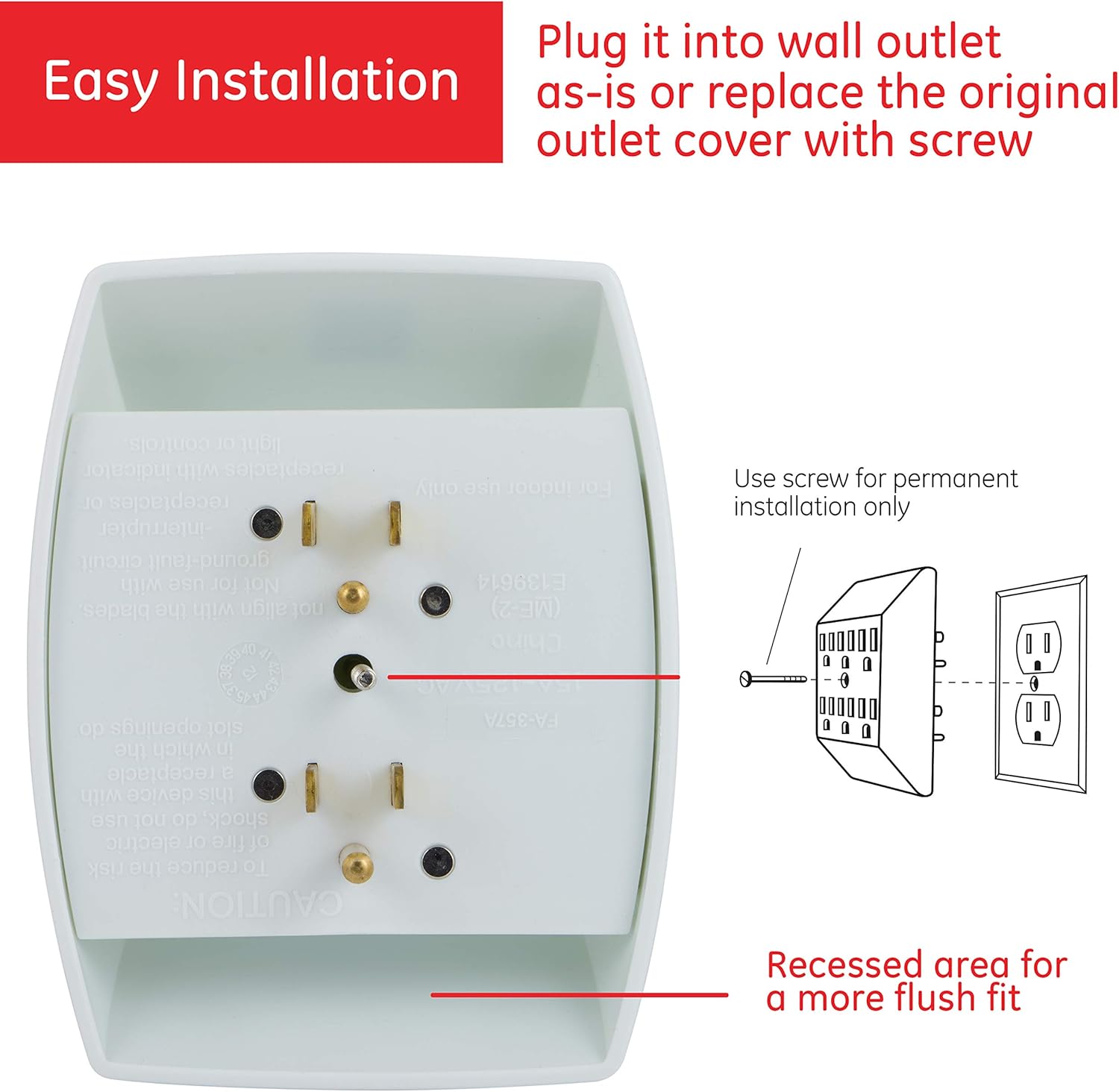 GE 6 Adapter, 2 Pack, 3 Prong Outlets, Grounded, Wall Charger, Charging Station, 46852, Standard | White - - 