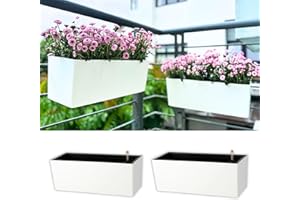 LaLaGreen Railing Planter Box (14 Inch,2 Pack) White Rectangular Window Flower Boxes with Bracket, Self Watering System Hangi