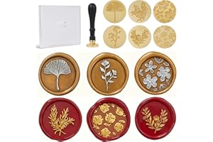 UNIQOOO 6 Pcs Wax Seal Stamp Set, Floral Stamps Botanical Sealing Stamper Kit, Wooden Handle with Brass Head for Wedding Greeting Cards Gift