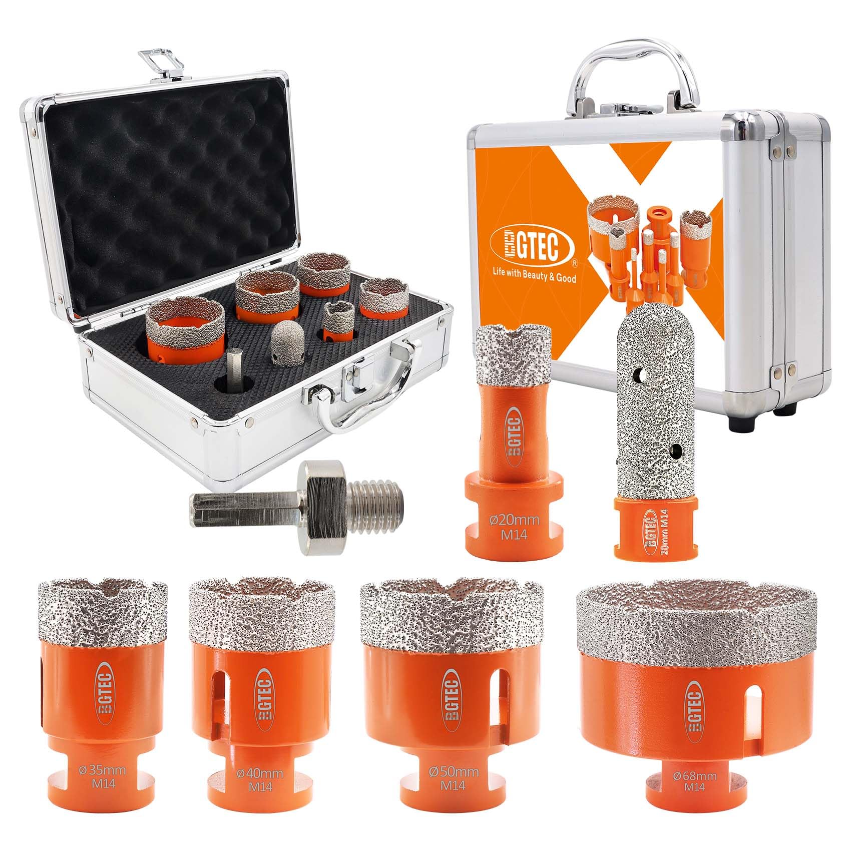BGTEC Diamond Core Drill Bits Set - 7pcs(20/35/40/50/68mm Hole Saw Drill+20mm Finger Bit+Hex Shank Adapter) with M14 Thread for Porcelain Ceramic Tile Granite Marble Masonry Granite Stone