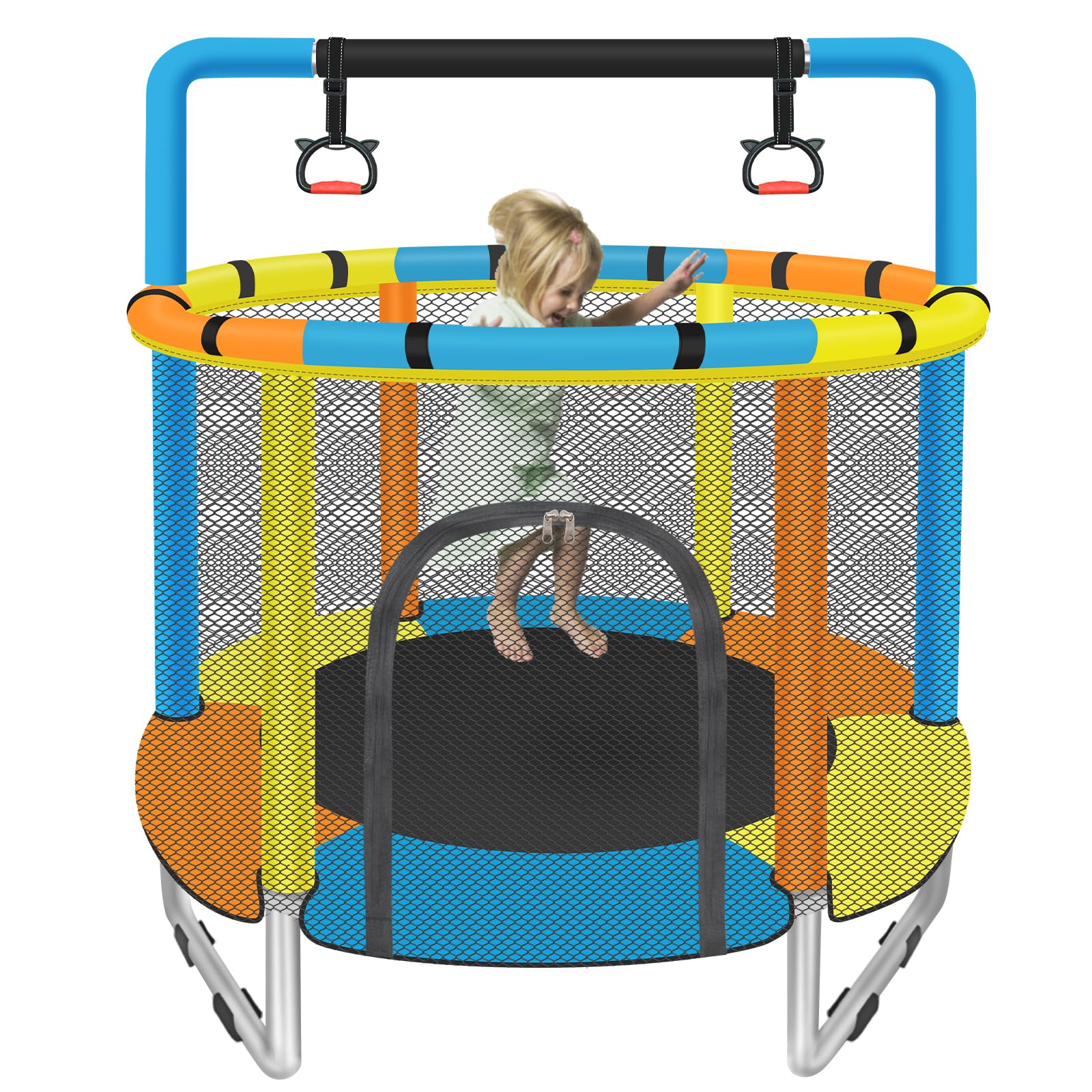 Toddler Trampoline for Kids Ages 1-8, 55'' Small Trampoline with Safety Enclosure Net & Adjustable Gymnastics Bar, Indoor & Outdoor Baby Mini Trampolines, Birthday Gifts for Children & Boys & Girls