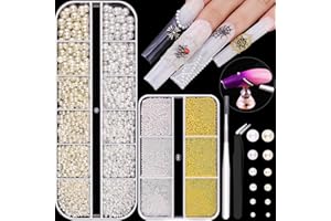 BELLEBOOST 2 Boxes Flatback Pearls (White+Beige) and Metal Nail Beads (Silver+Gold) for Nail Art, Pearl Nail Charms and Small Round Caviar Beads Nail Accessories for Acrylic Nail Tips Manicure Decor