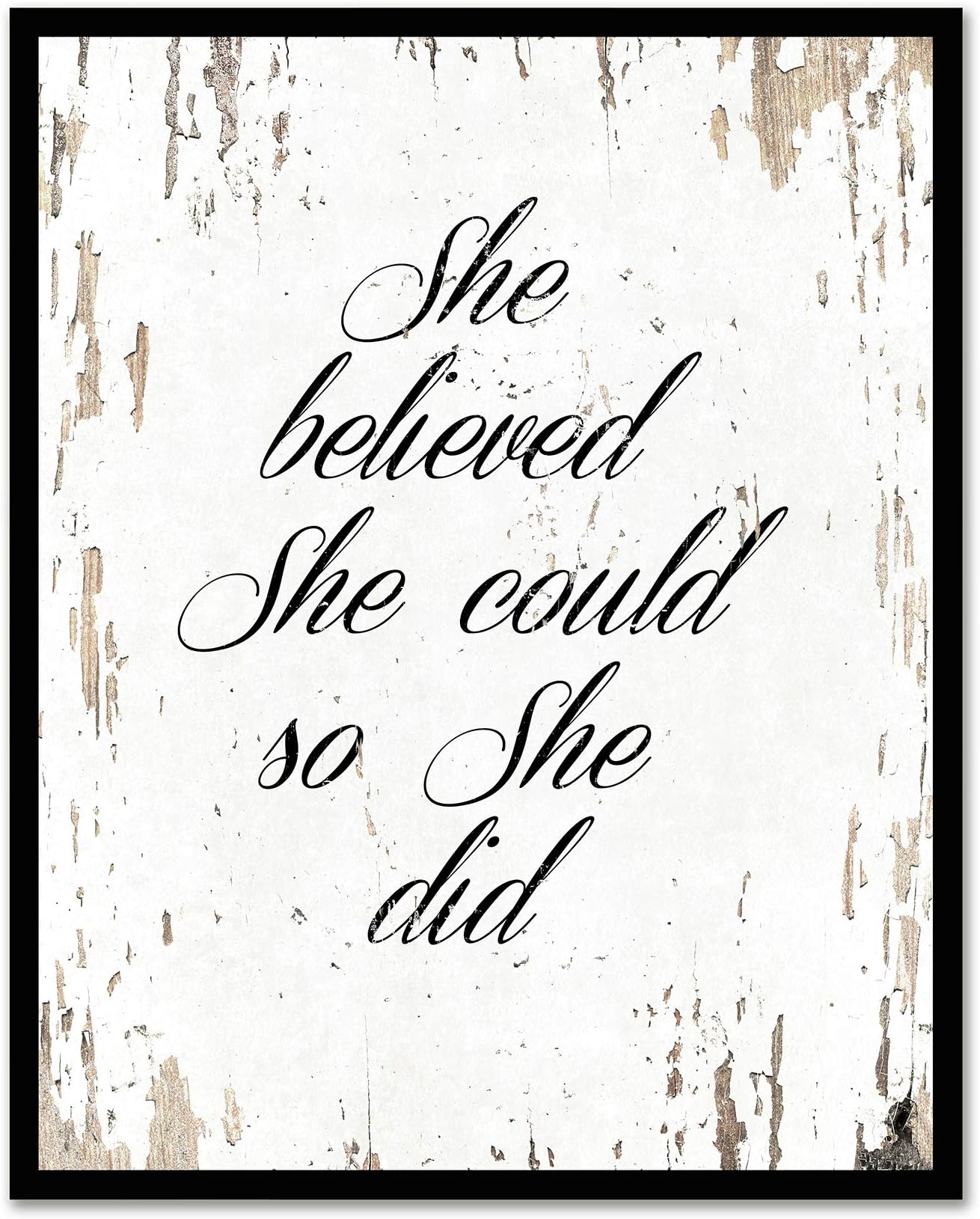 She Believed She Could So She Did - FRAMED - Quote Motivational Wall Art Canvas Print Home Decor, Black Real Wood Frame, White, 7x9