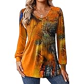 Zeagoo Long Sleeve Shirts for Women Casual V Neck Top Pleated Floral Boho Blouses 2026 Fall Tunics