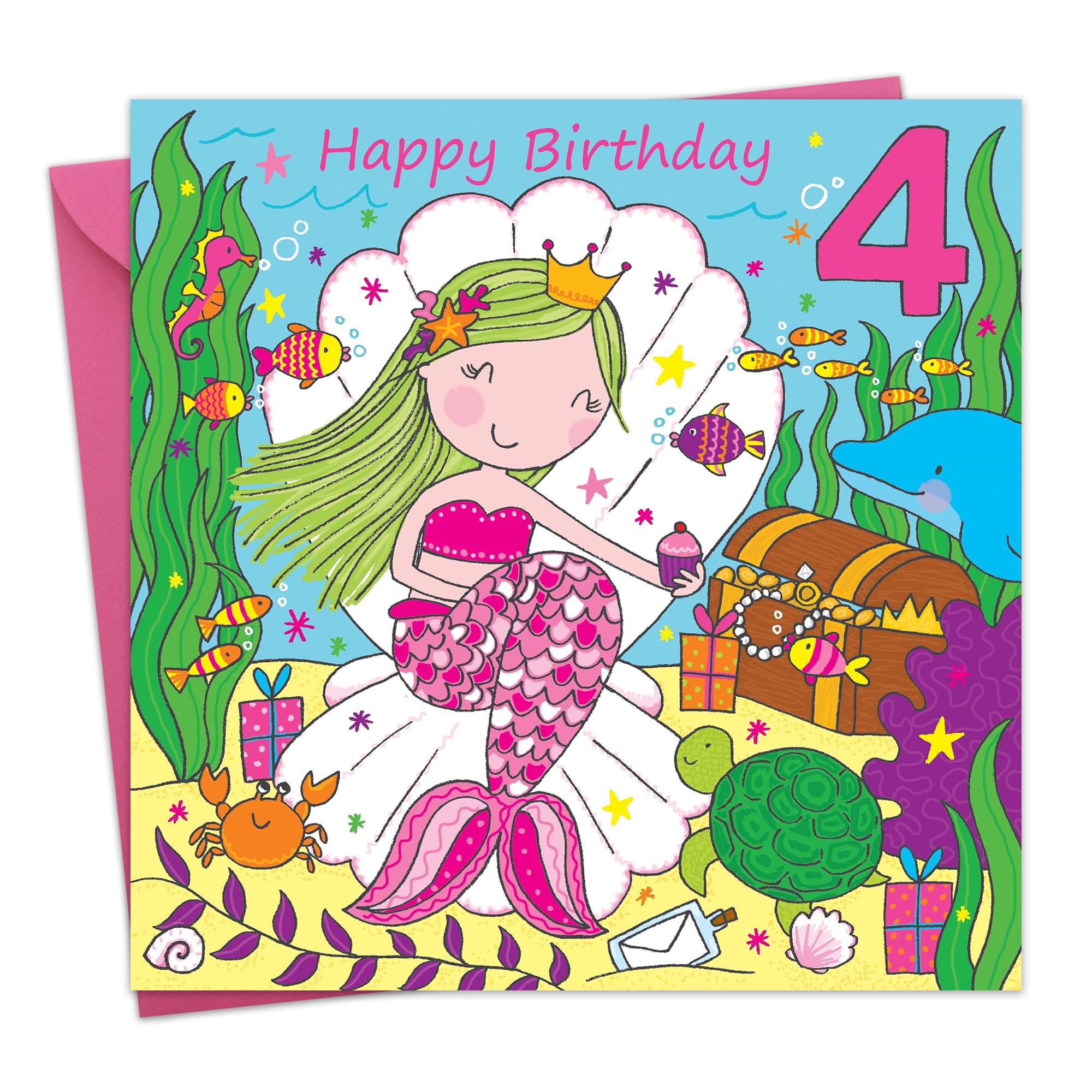 Twizler 4th Birthday Card For Girl with Cute Mermaid & Glitter - Four Year Old - Age 4 Card - Childrens Birthday Card - Girls Birthday Card - Happy Birthday Card