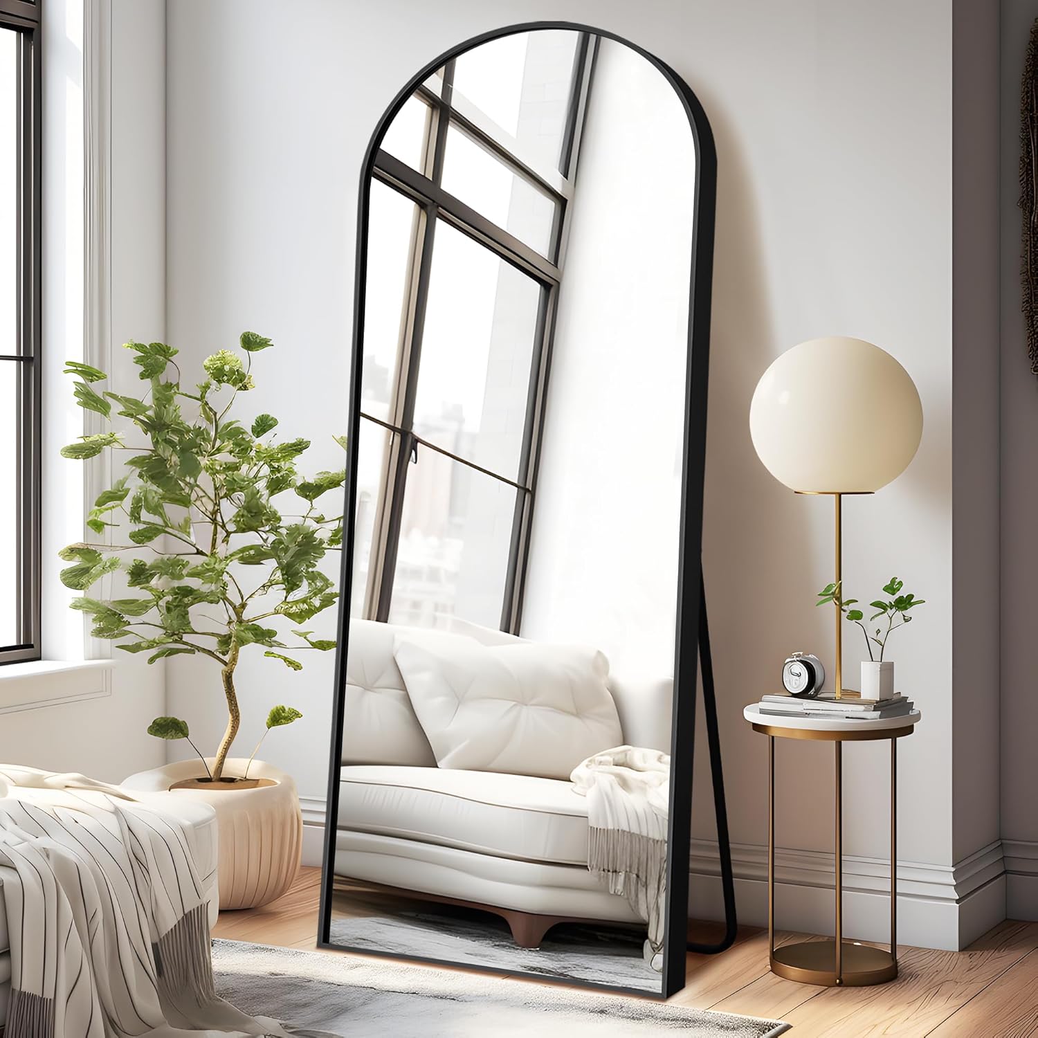 Mirrors - NeuType Arched Full Length Mirror Standing Hanging or Leaning Against Wall, Oversized Large Bedroom Mirror Floor Mirror Dressing Mirror, Aluminum Alloy Thin Frame, Black, 65