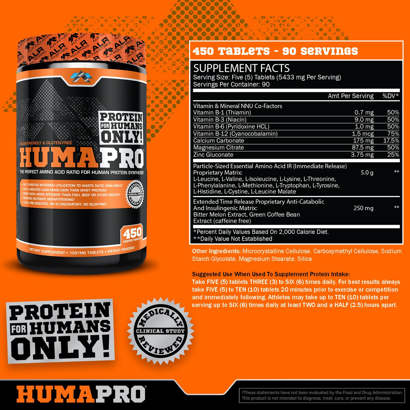 ALR Industries Humapro Tablets | Amino Acids Protein Matrix for Humans | 99% Utilization for Lean Muscle | Vegan, Gluten Free | 450 Tablets / 90 Servings