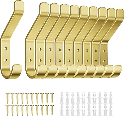 susswiff Gold Wall Hooks 10KG Metal Hangers with Screws 10cm 10-Pack