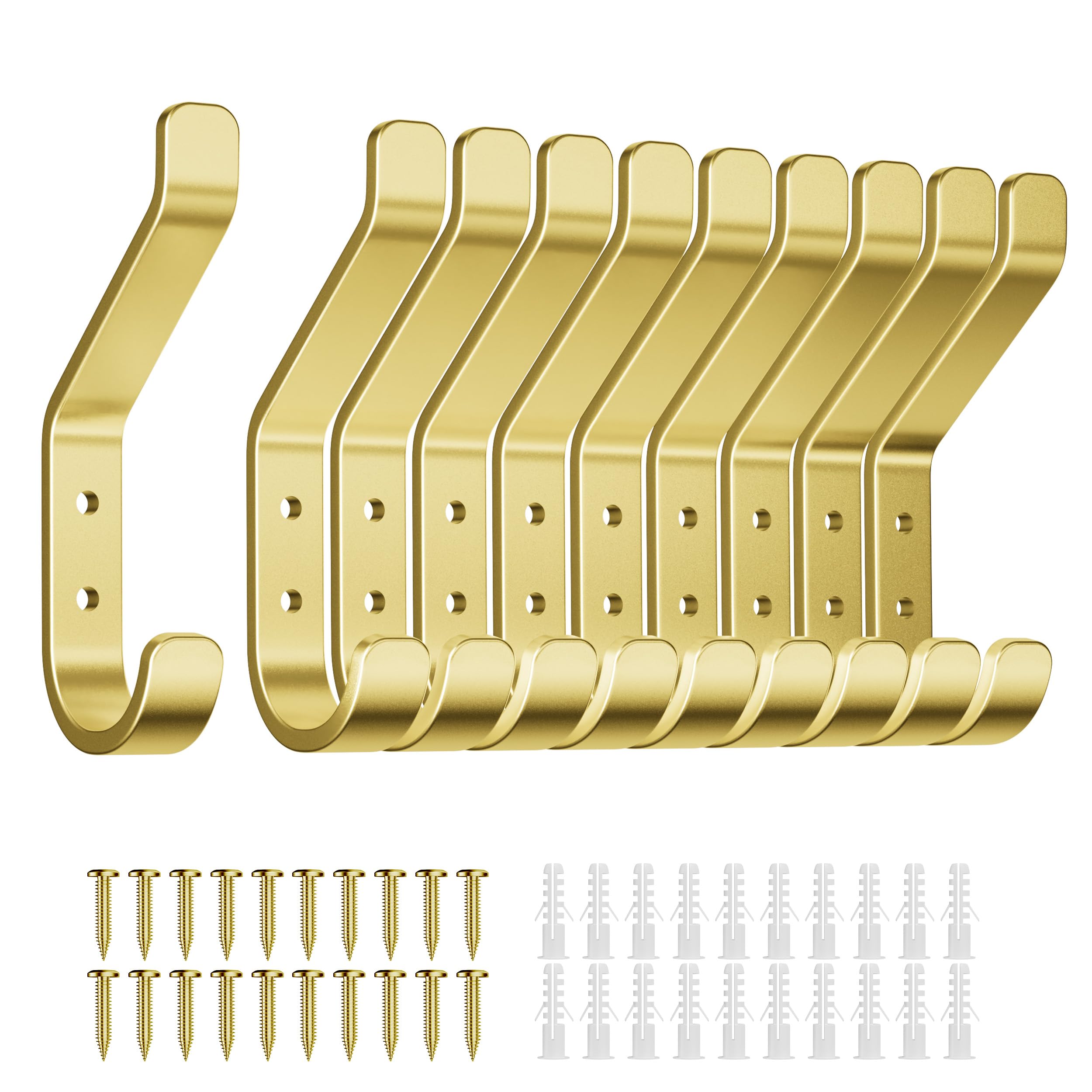 susswiff Gold Wall Hooks for Hanging: 10KG Metal Sturdy Hook with Screw, Individual Hangers for Coat, Clothes, Towel, for Bathroom Door, 10cm