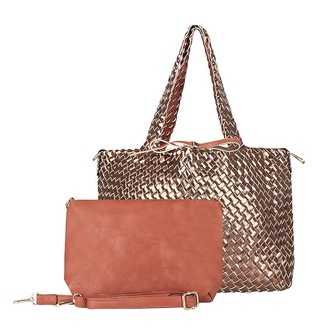 SKUTARI Giada Classic Flechttasche Damen, Bronze & Braun | Vegan-Leder Shopper mit seperater Clutch | Webtasche, Wendetasche,