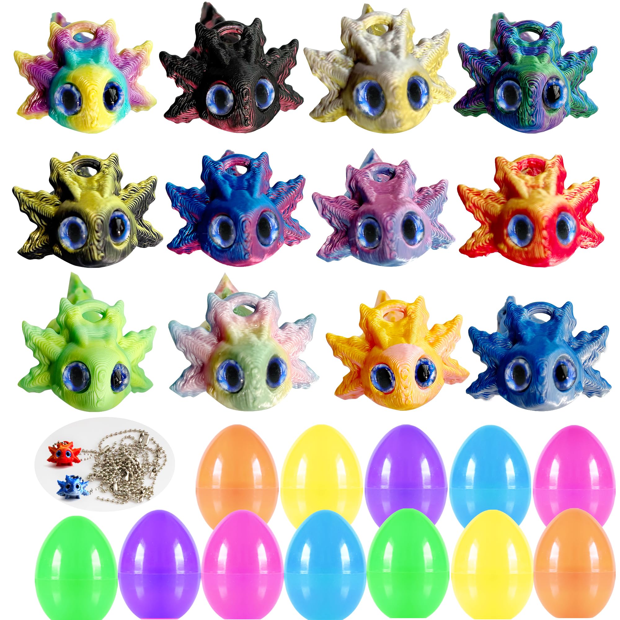 12 Pack Prefilled Easter Eggs with 3D Printed Articulated Axolotl Toys, Non-Candy Easter Basket Stuffers for Kids Boys Girls, Classroom Prizes, Sensory Fidget Toys, Egg Hunt Party Favors
