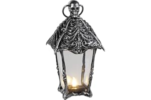 Crazy Bonez Gothic Lantern – 12" Halloween Skull Lantern Decoration with Battery-Operated LED Light, Black and Silver Bone Design, Spooky Indoor Outdoor Haunted House or Gothic Decor Accent