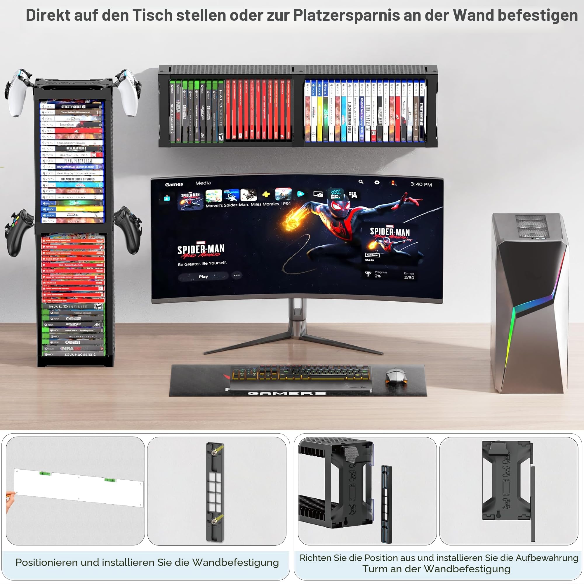 Kytok Spiele Aufbewahrung Game Storage Tower mit Controller Ständer, Spiele Organizer Wandhalterung für Nintendo Switch 2/ PS5/ PS4/ Xbox, Gaming Shelf für 20 Spiel Discs, Gaming Zubehör 2 T 4