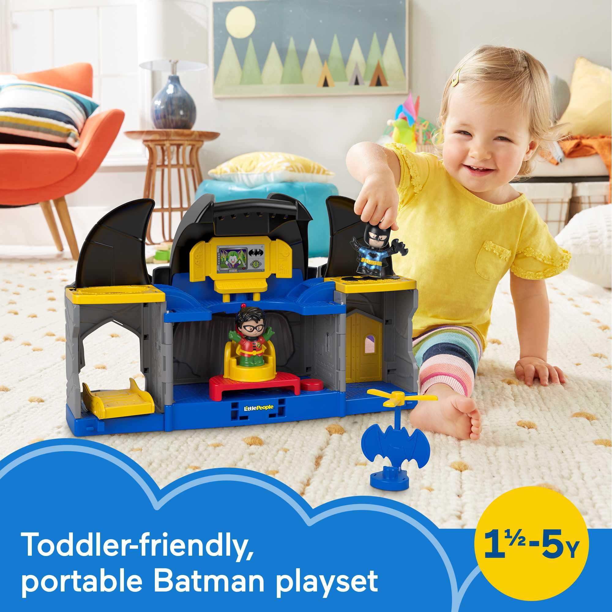 Fisher-Price Little People Toddler Toy DC Super Friends Batcave Playset with Batman & Robin Figures for Preschool Pretend Play Kids Ages 18+ Months