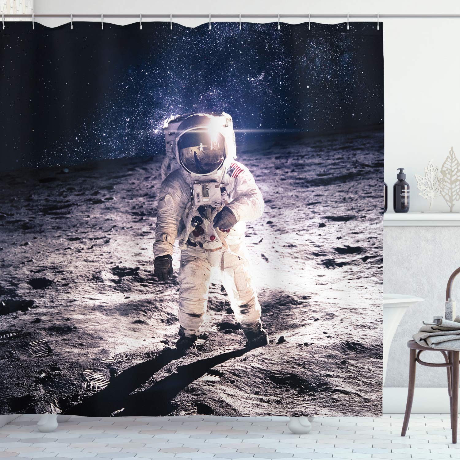 ABAKUHAUS Outer Space Shower Curtain, Moon Spaceman on the Surface of Orbit Background Cosmos Galaxy Solar Photo, Cloth Fabric Bathroom Decor Set with Hooks, 86 Inches Extra Long, Brown Blue
