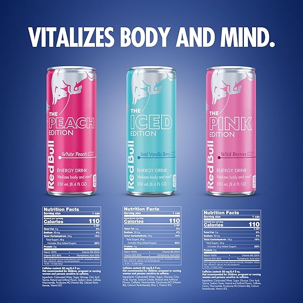 RED BULL ENERGY DRINK VARIETY PACK, PEACH, ICED VANILLA BERRY, PINK, WITH 80MG CAFFEINE, TAURINE & B VITAMINS, 8.4 FL. OZ, PACK OF 12 CANS