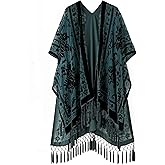 WeHello Women's Burnout Velvet Kimono Long Cardigan Cover Up With Tassel