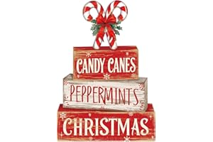 Moucuny 4 Pcs Christmas Candy Cane Table Decor Christmas Wooden Decorative Signage Red and White Stripes Candy Cane Xmas Tiered Tray Decor Centerpieces Farmhouse Wooden Block Set for Home